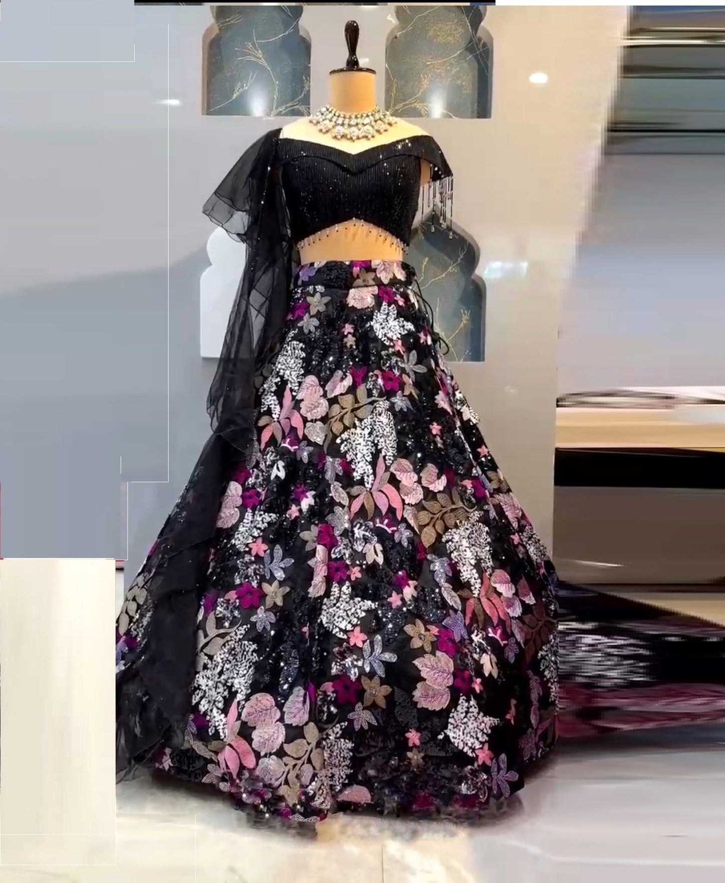 Floral Thread Sequence Work Black Lehenga Choli