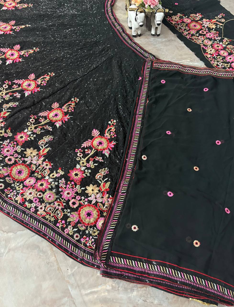 Midnight Black Georgette Sequence Work Party Wear Lehenga Choli