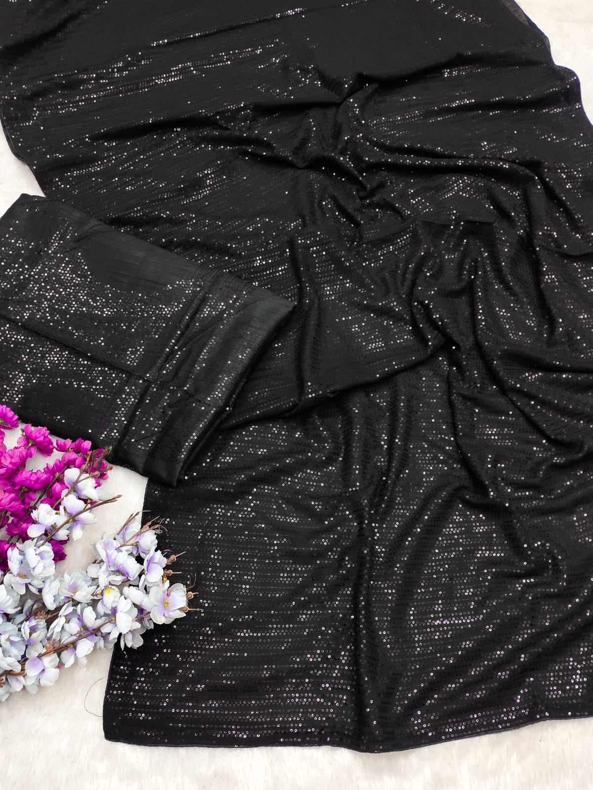 Black Georgette Sequence Work Party Wear Saree Blouse