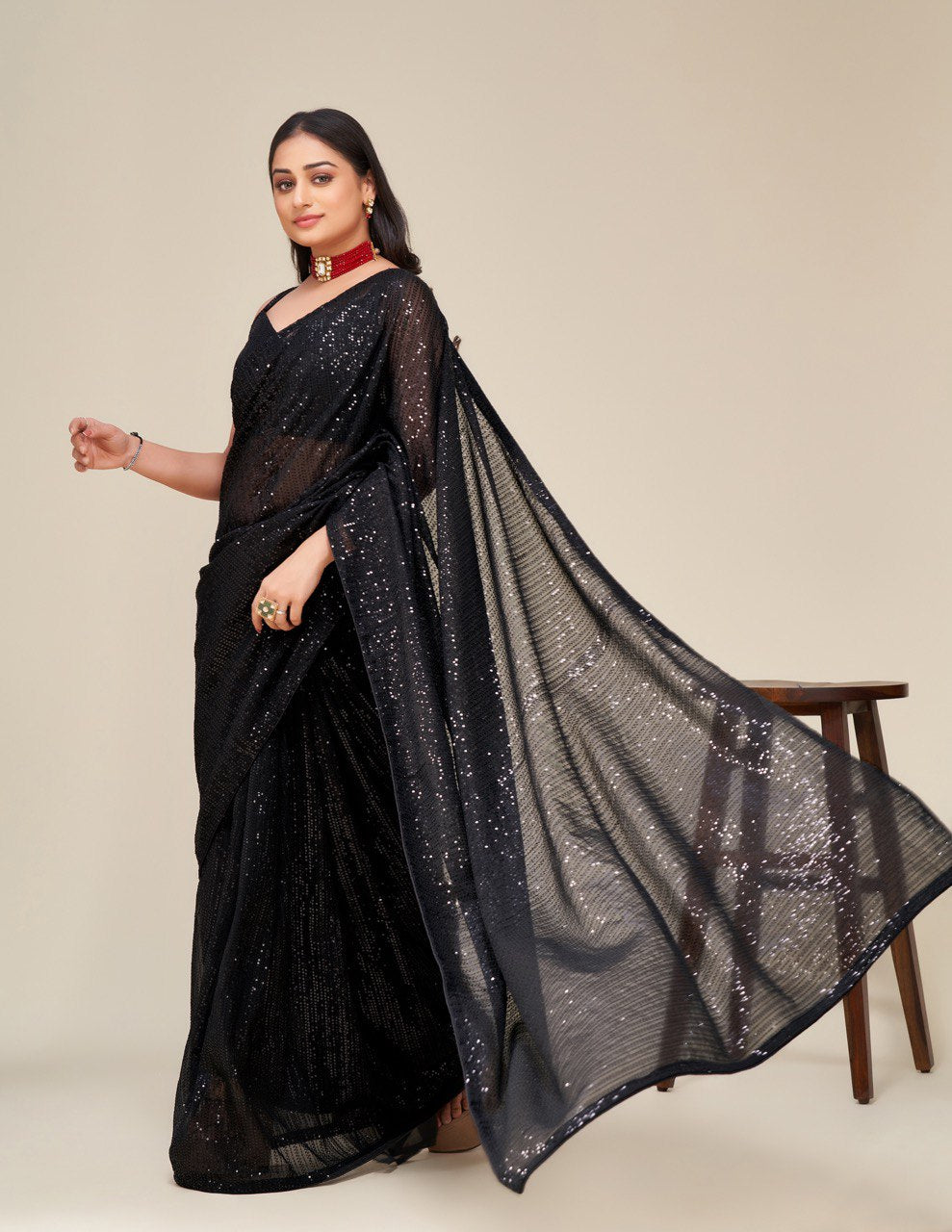 Black Georgette Sequence Work Party Wear Saree Blouse
