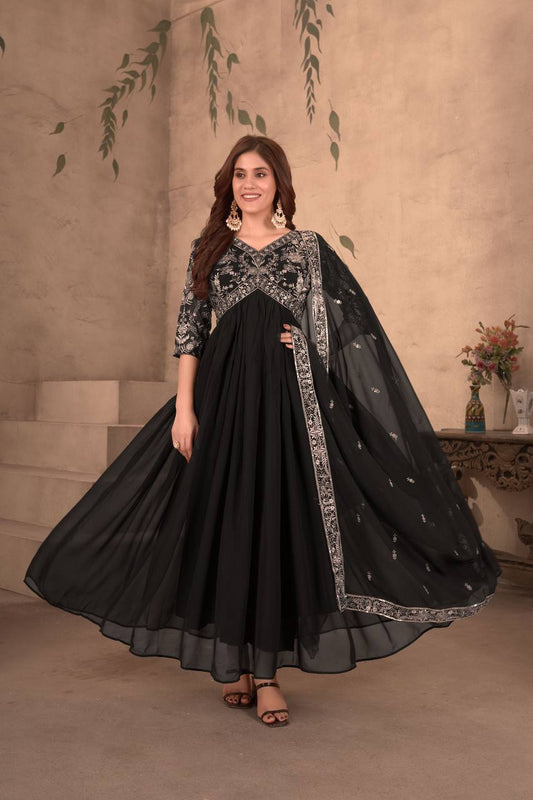 Black Georgette Embroidered Ready to Wear Gown Set
