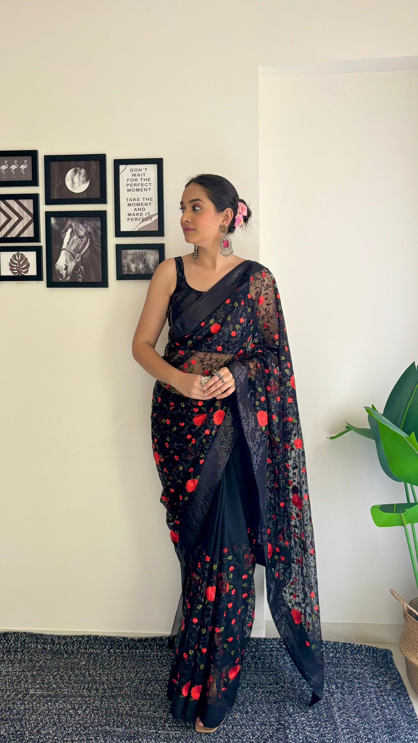 Black Soft Net Flower Thread Work Saree Blouse