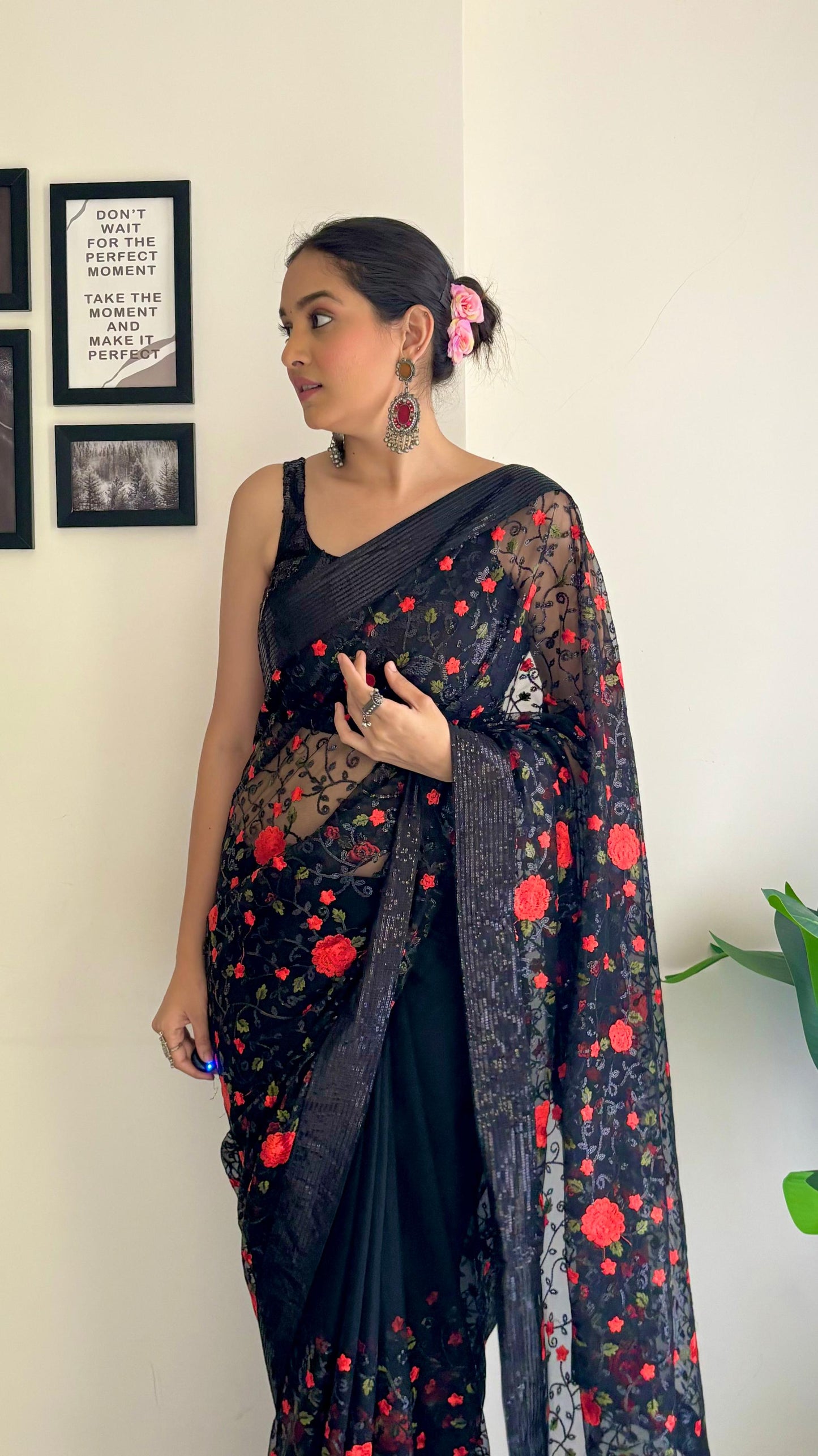 Black Soft Net Flower Thread Work Saree Blouse