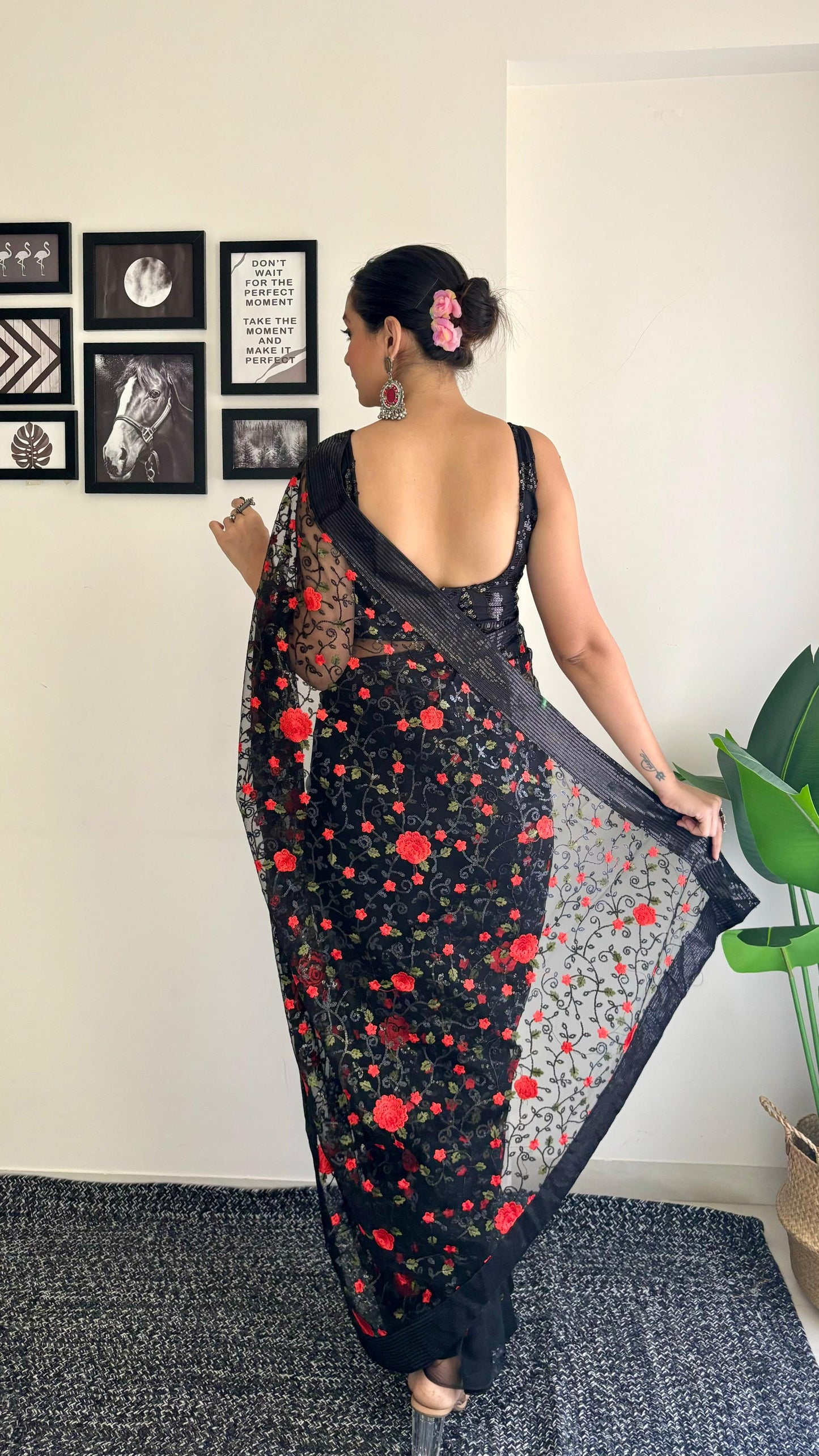 Black Soft Net Flower Thread Work Saree Blouse