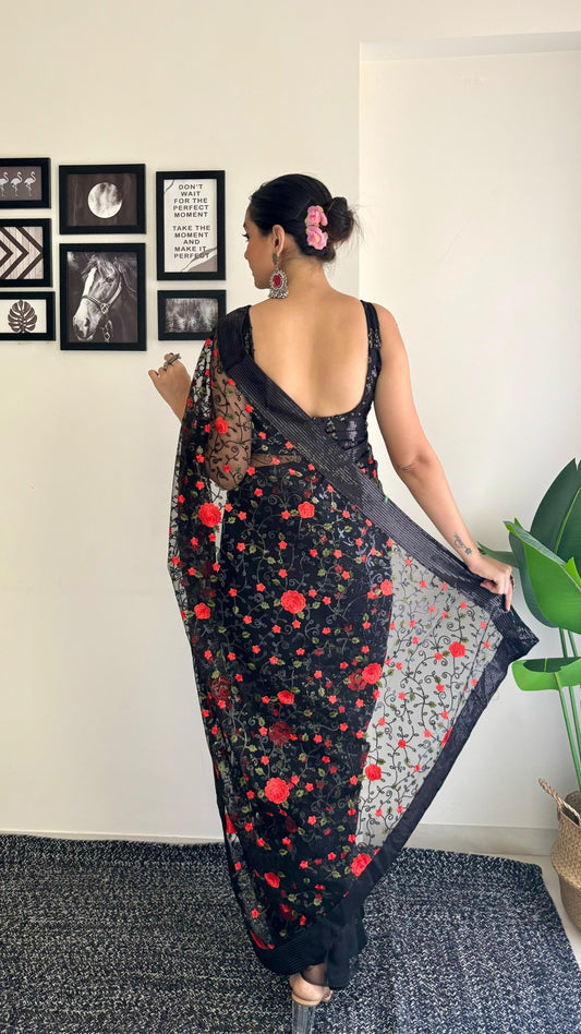 Black Soft Net Flower Thread Work Saree Blouse