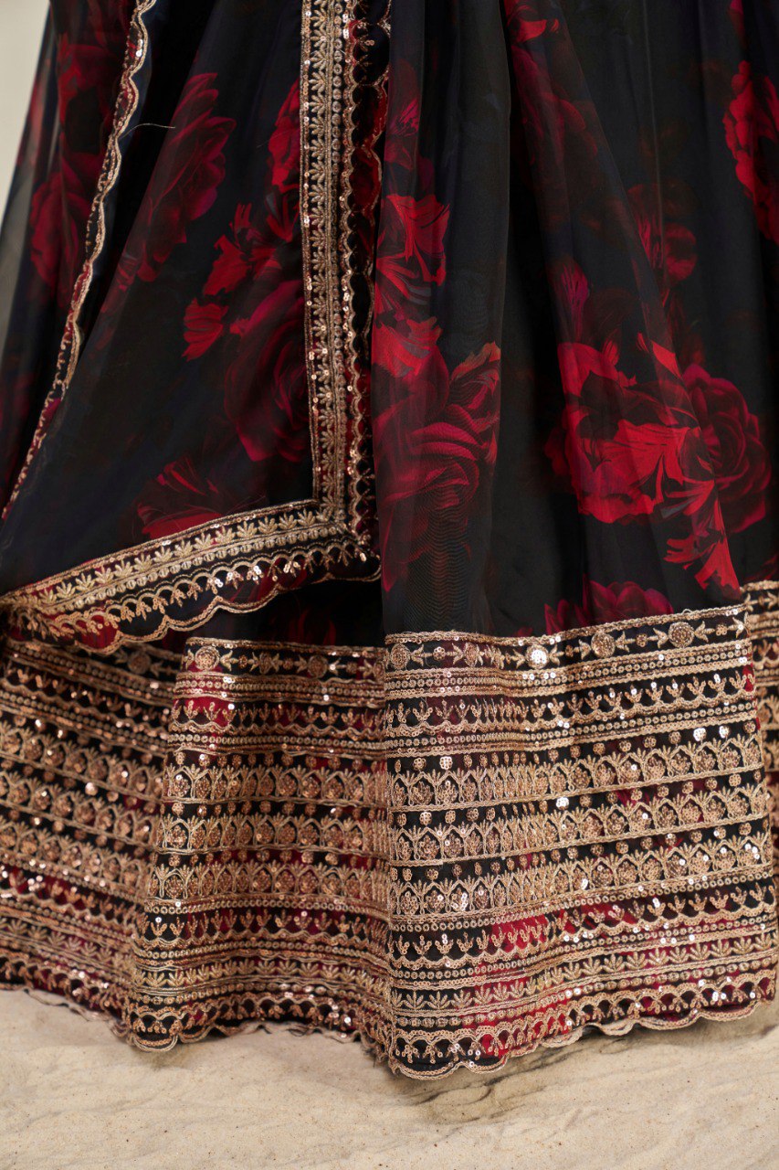 Black Color Print & Sequence Embroidered Organza Silk Lehenga Choli