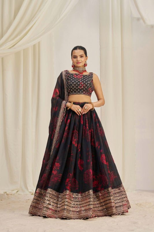 Black Color Print & Sequence Embroidered Organza Silk Lehenga Choli