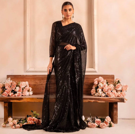 Designer Black Sequence Work Heavy Saree Blouse