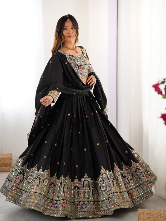 Black Color Crep Silk Embroidered Semi Stitched Lehenga Choli
