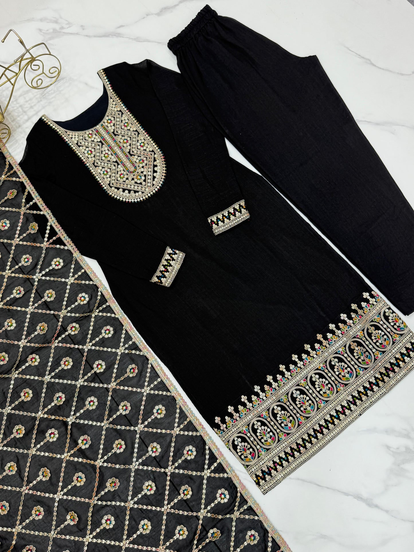Black Color Silk Fully Sttiched Salwar Suit Set