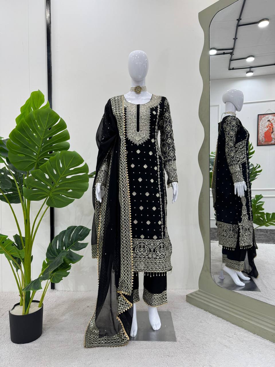 Black Color Straight cut Georgette Sequence Work Salwar Suit