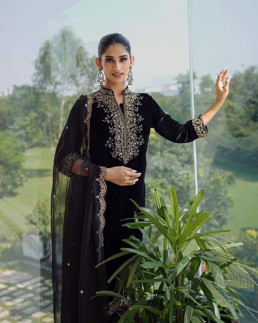 Black Color Viscose Velvet Sequence Work Full Stitched Suit Set