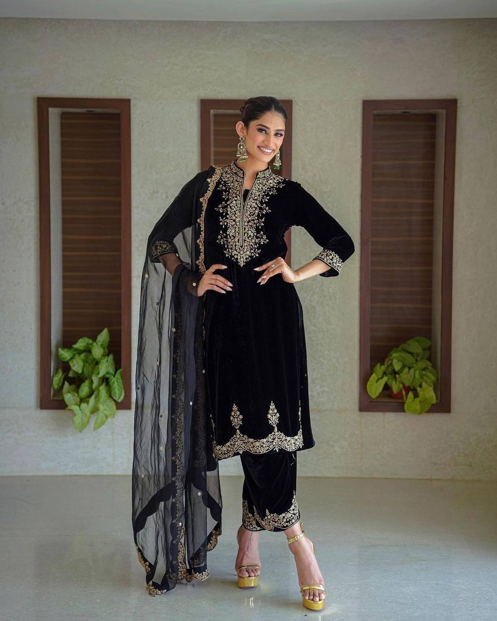 Black Color Viscose Velvet Sequence Work Full Stitched Suit Set