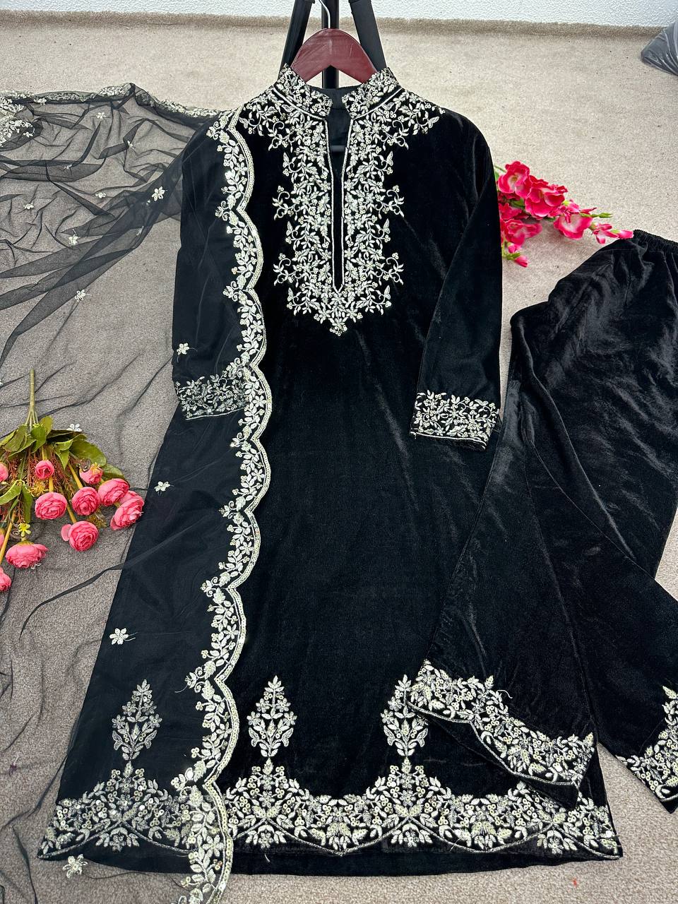 Black Color Viscose Velvet Sequence Work Full Stitched Suit Set