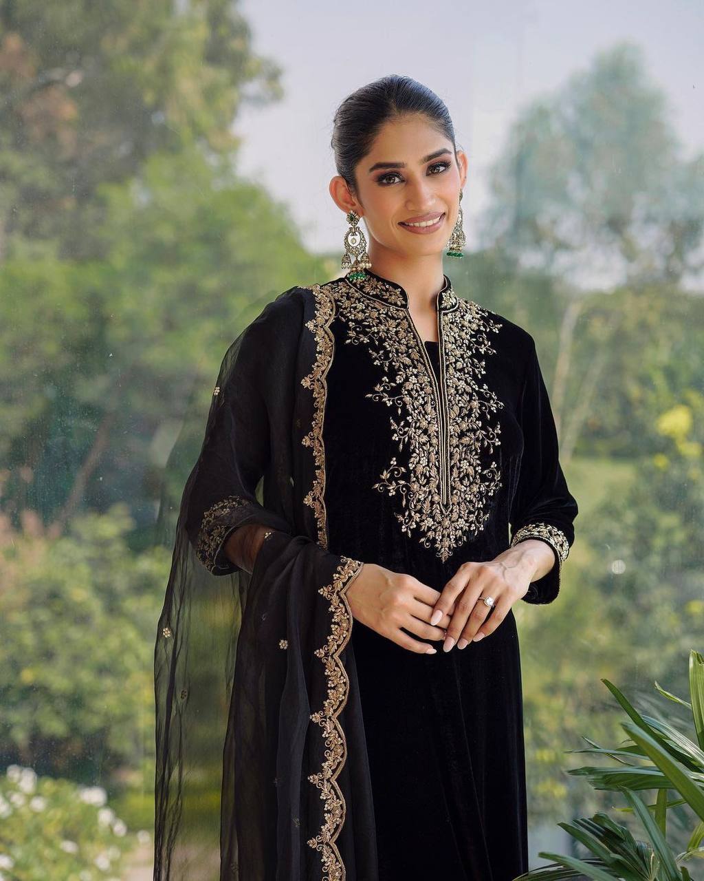 Black Color Viscose Velvet Sequence Work Full Stitched Suit Set