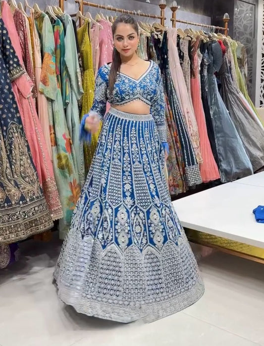 Blue Color Georgette Coding Embroidered Work Lehenga Choli