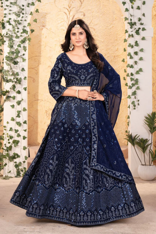 Navy Blue Georgette Embroidered Lehenga Choli