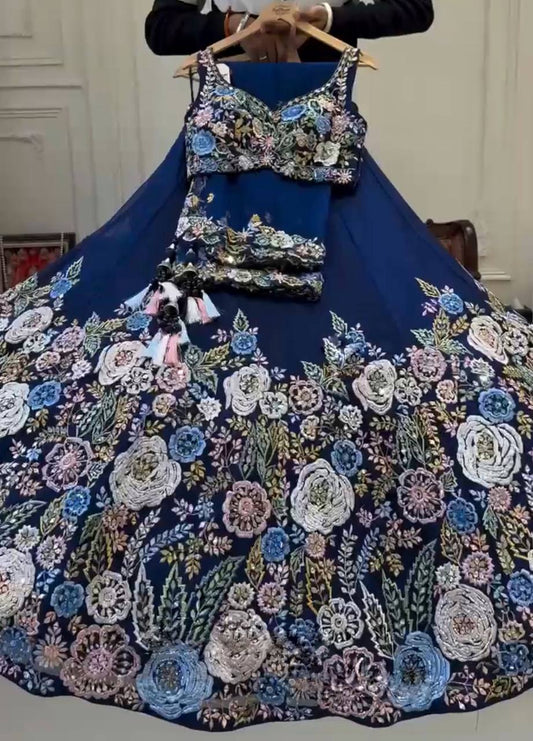 Floral Work Blue Color Georgette Heavy Lehenga Choli