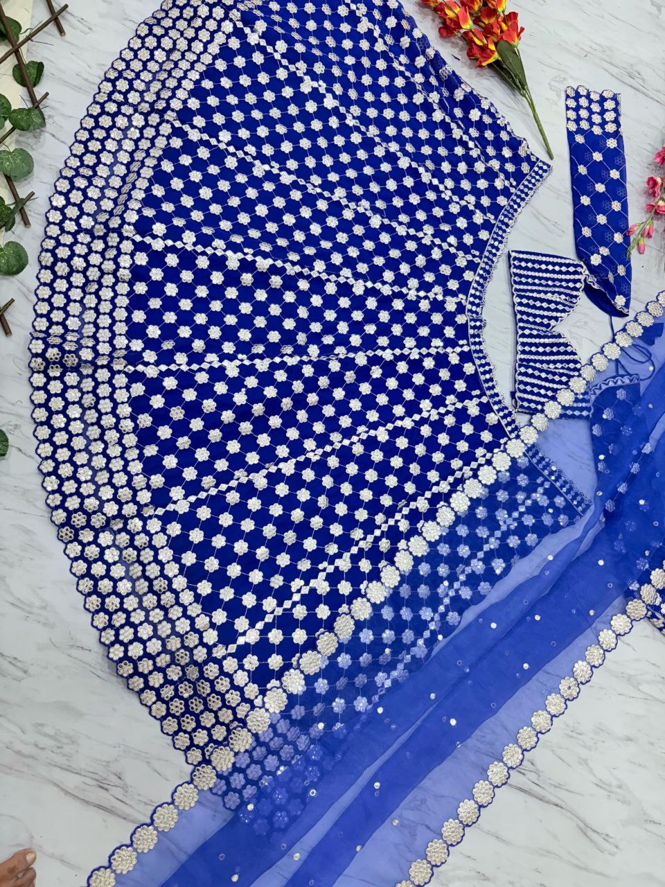 Royal Blue Color Georgette Thread Embroidered Lehenga Choli