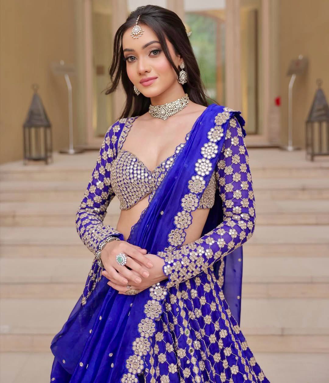 Royal Blue Color Georgette Thread Embroidered Lehenga Choli
