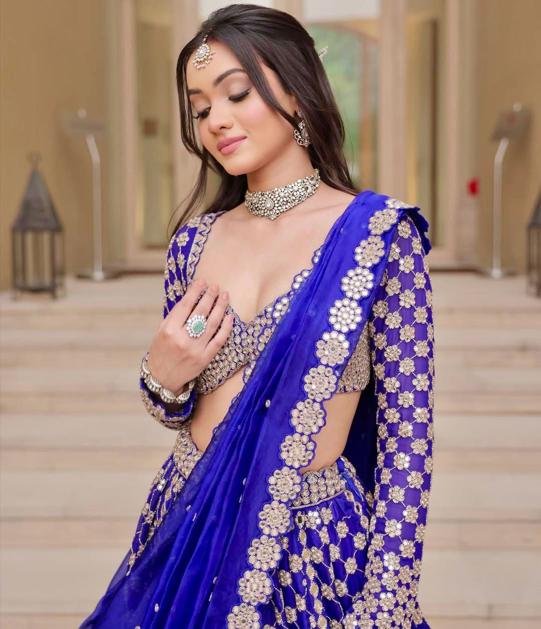 Royal Blue Color Georgette Thread Embroidered Lehenga Choli