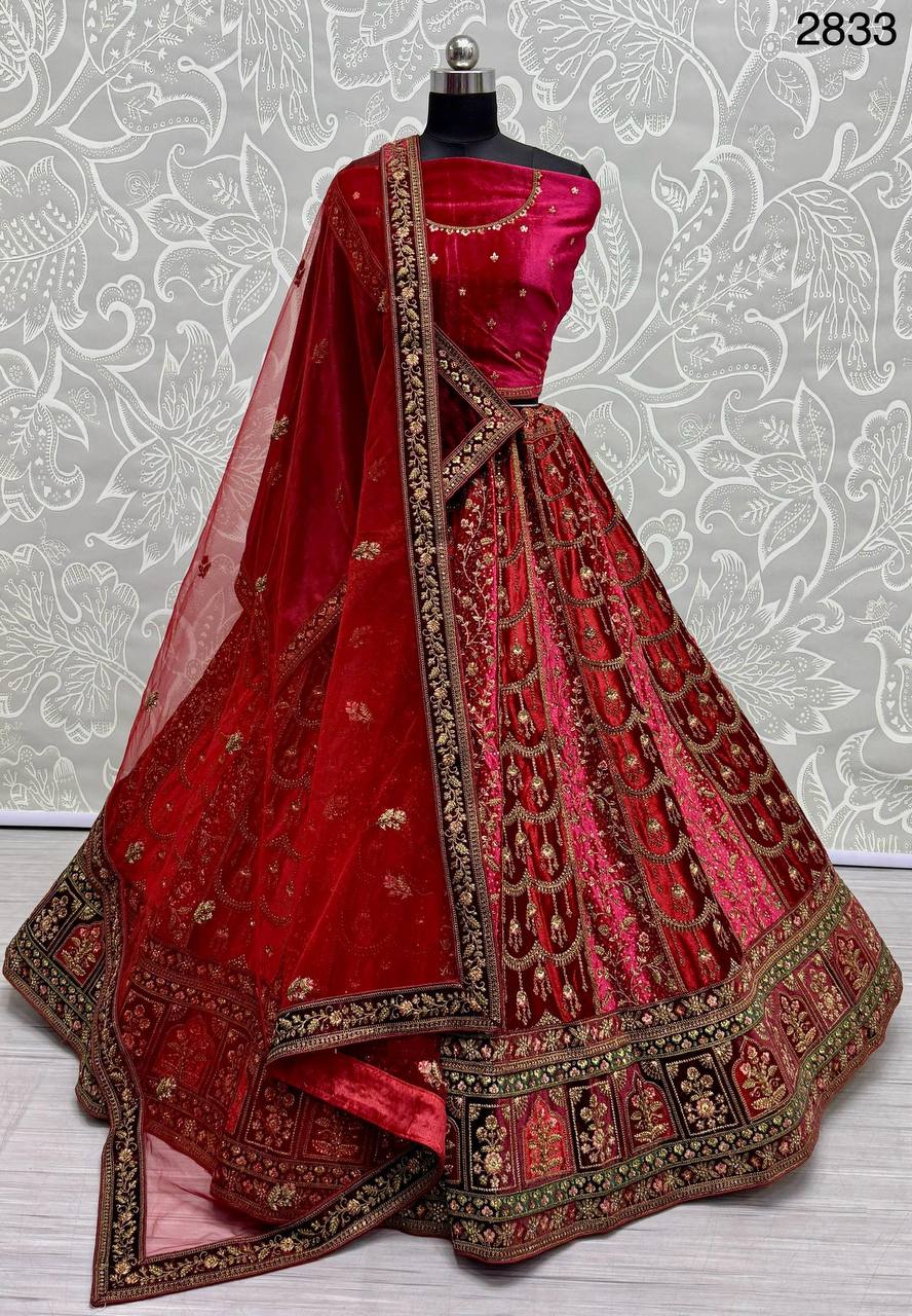 Bridal Wear Pink Velvet Heavy Work Lehenga Choli
