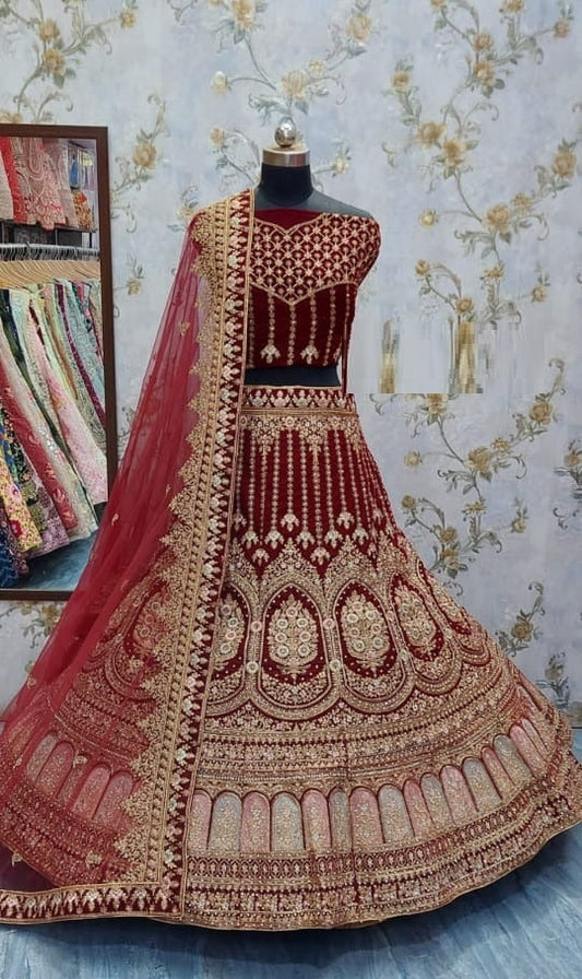 Bridal Wear Red Velvet Coding Embroidered Diamond Work Lehenga Choli