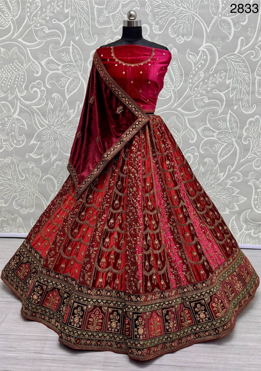 Bridal Wear Velvet Pink Color Heavy Embroidered Work Lehenga Choli