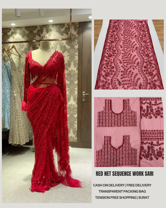 Red Soft Net Sequence Embroidary Work Party Wear Saree