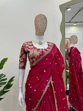 Load image into Gallery viewer, Cherry Red Jimmi Chu Silk Fancy Saree with Heavy Work Blouse
