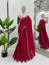 Load image into Gallery viewer, Cherry Red Jimmi Chu Silk Fancy Saree with Heavy Work Blouse
