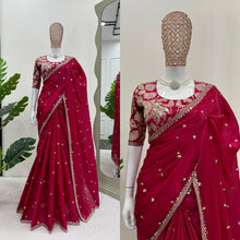 Load image into Gallery viewer, Cherry Red Jimmi Chu Silk Fancy Saree with Heavy Work Blouse
