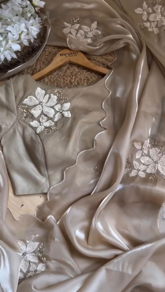 Amazing Beige Color Organza Embroidered Work Saree Blouse For Festive Wear