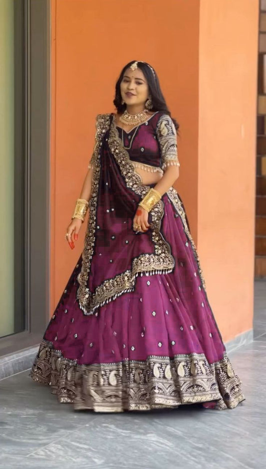 Chinon Silk Sauber Lehenga Choli ~Purple & Wine