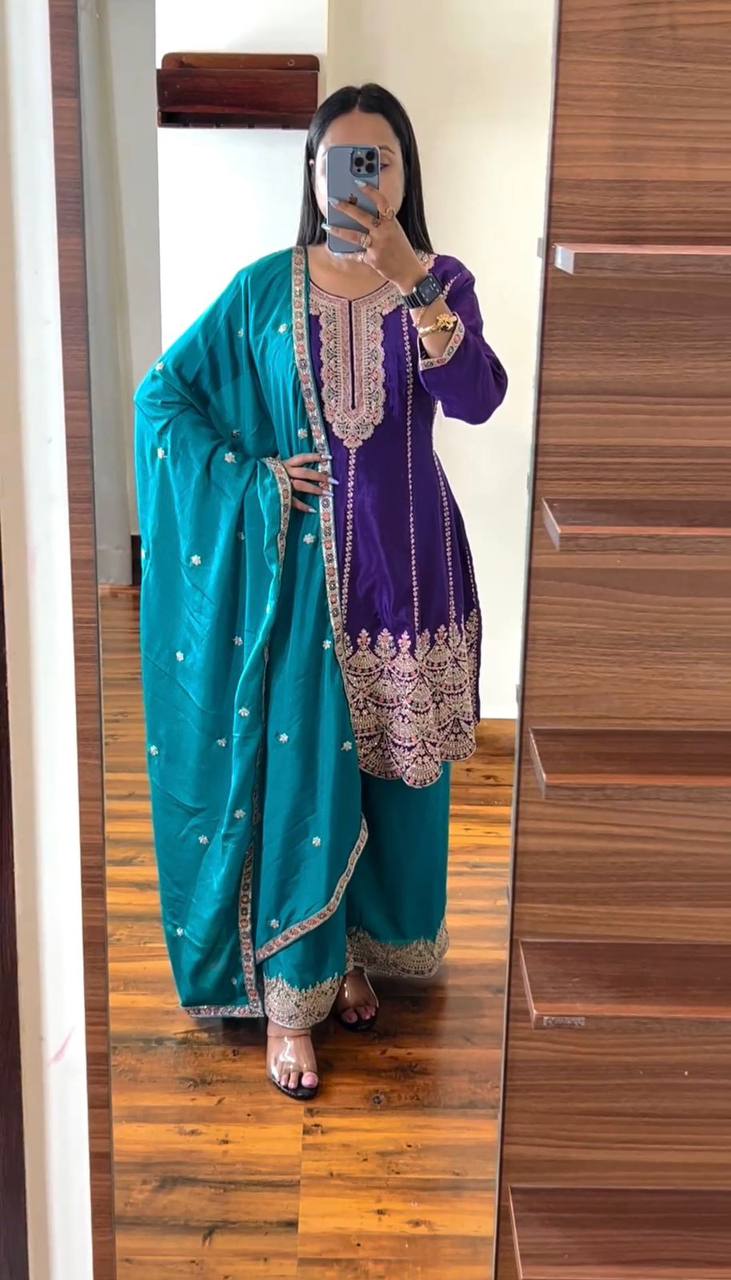 Beautiful Chinon Silk Embroidered Ready to Wear Sharara Suit