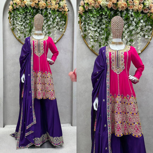 Beautiful Chinon Silk Embroidered Ready to Wear Sharara Suit