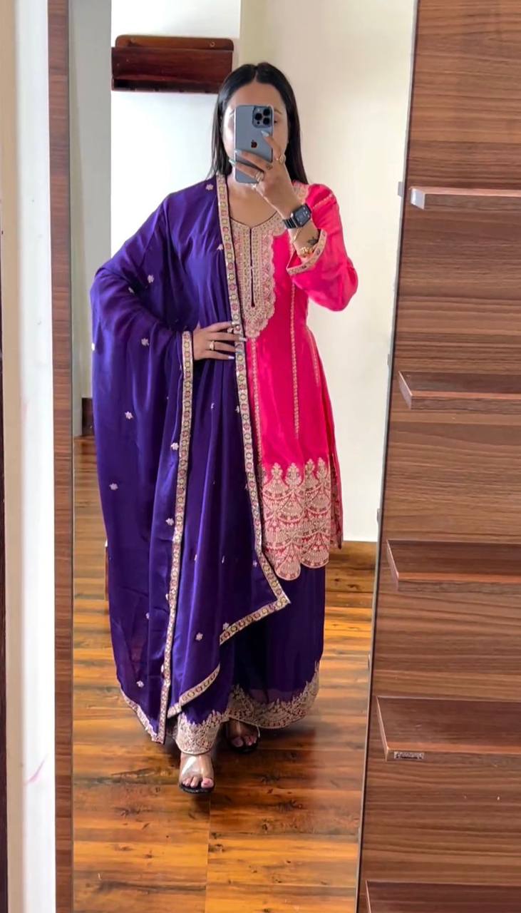 Beautiful Chinon Silk Embroidered Ready to Wear Sharara Suit