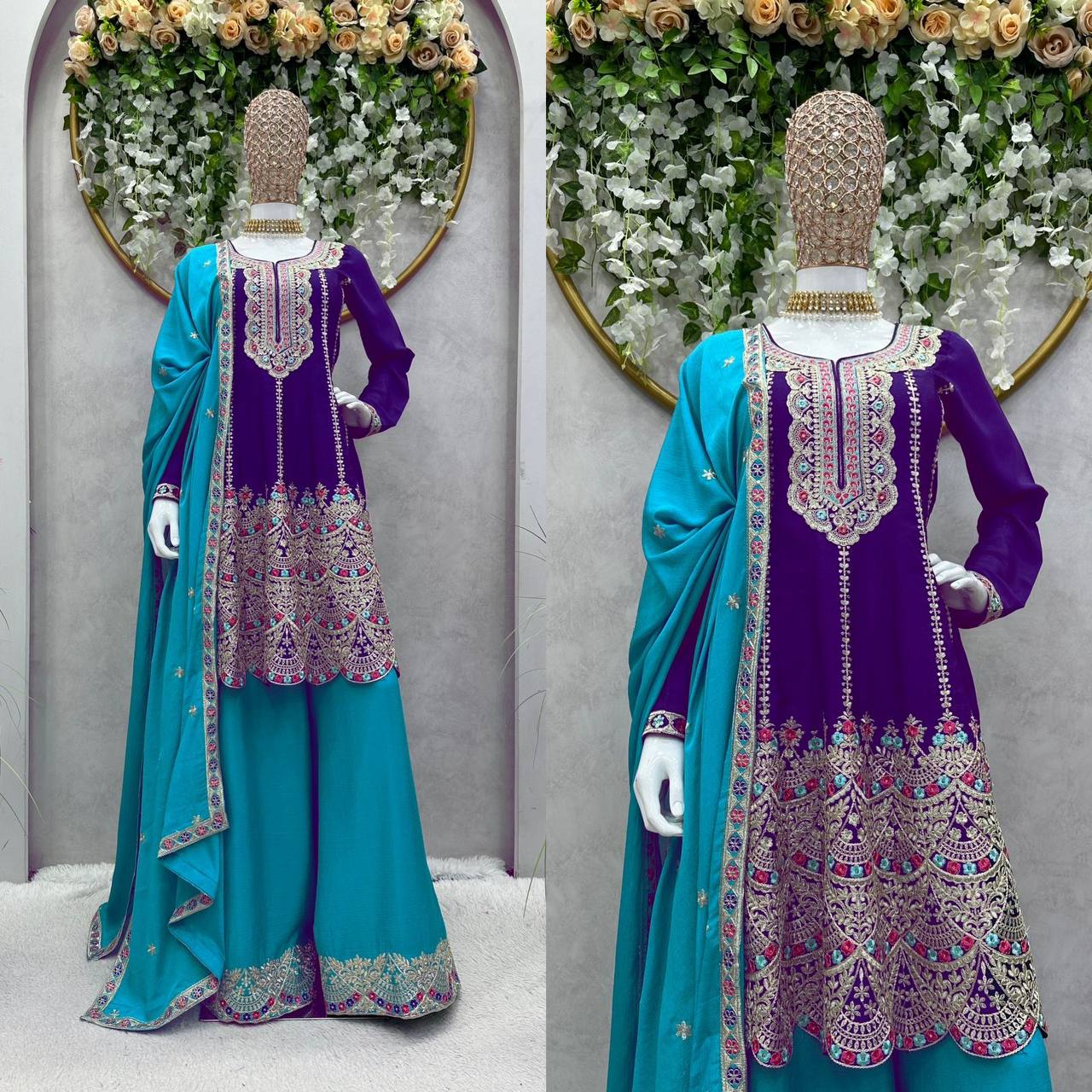 Beautiful Chinon Silk Embroidered Ready to Wear Sharara Suit