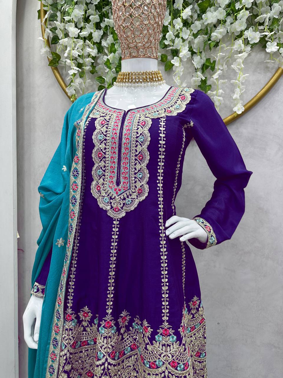 Beautiful Chinon Silk Embroidered Ready to Wear Sharara Suit