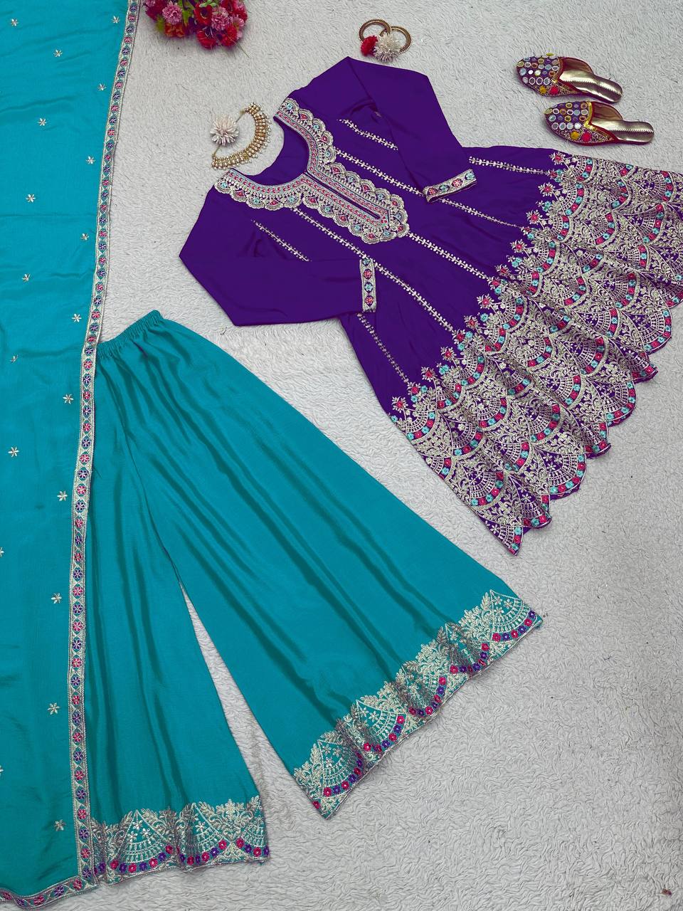 Beautiful Chinon Silk Embroidered Ready to Wear Sharara Suit