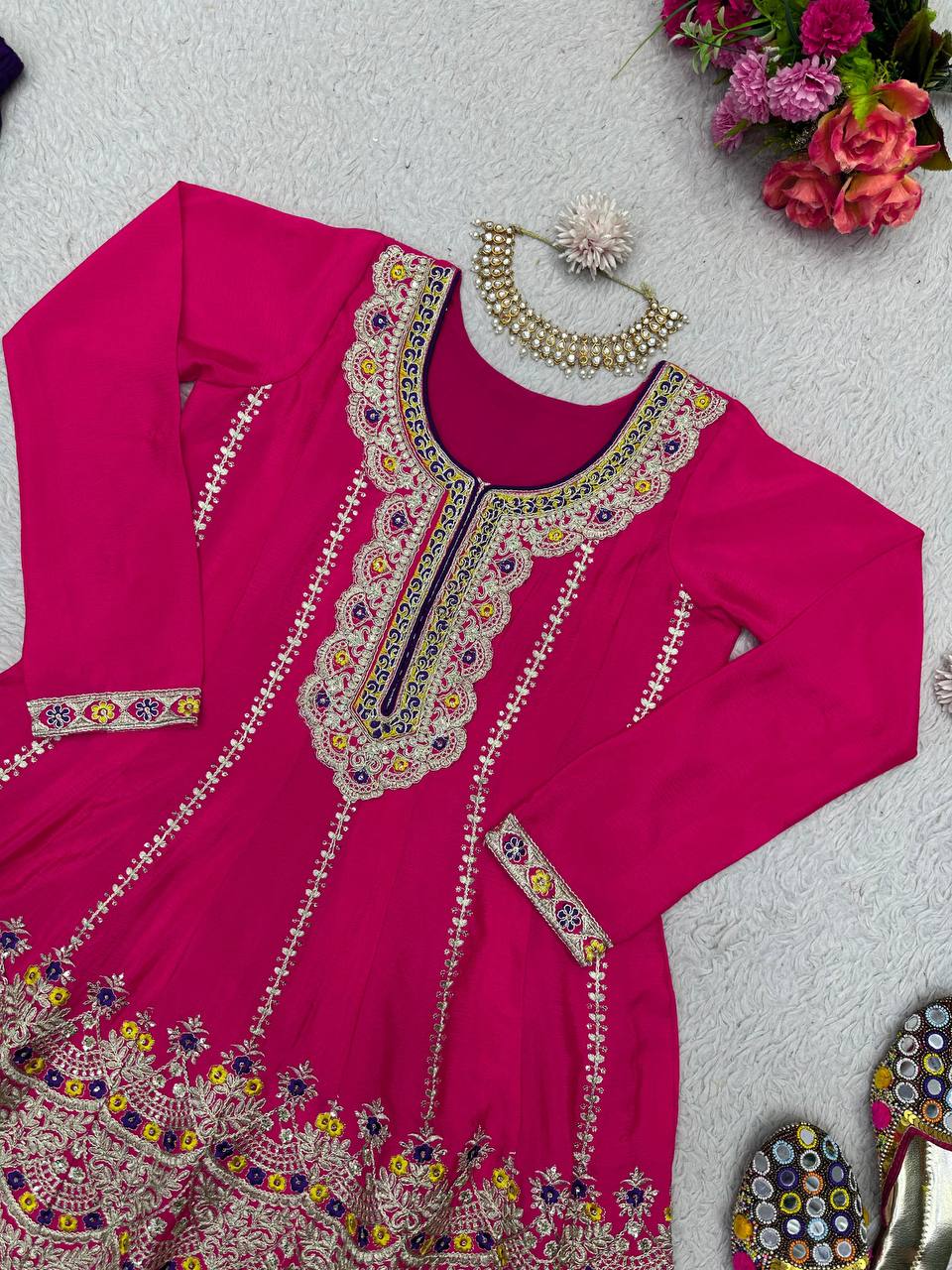 Beautiful Chinon Silk Embroidered Ready to Wear Sharara Suit