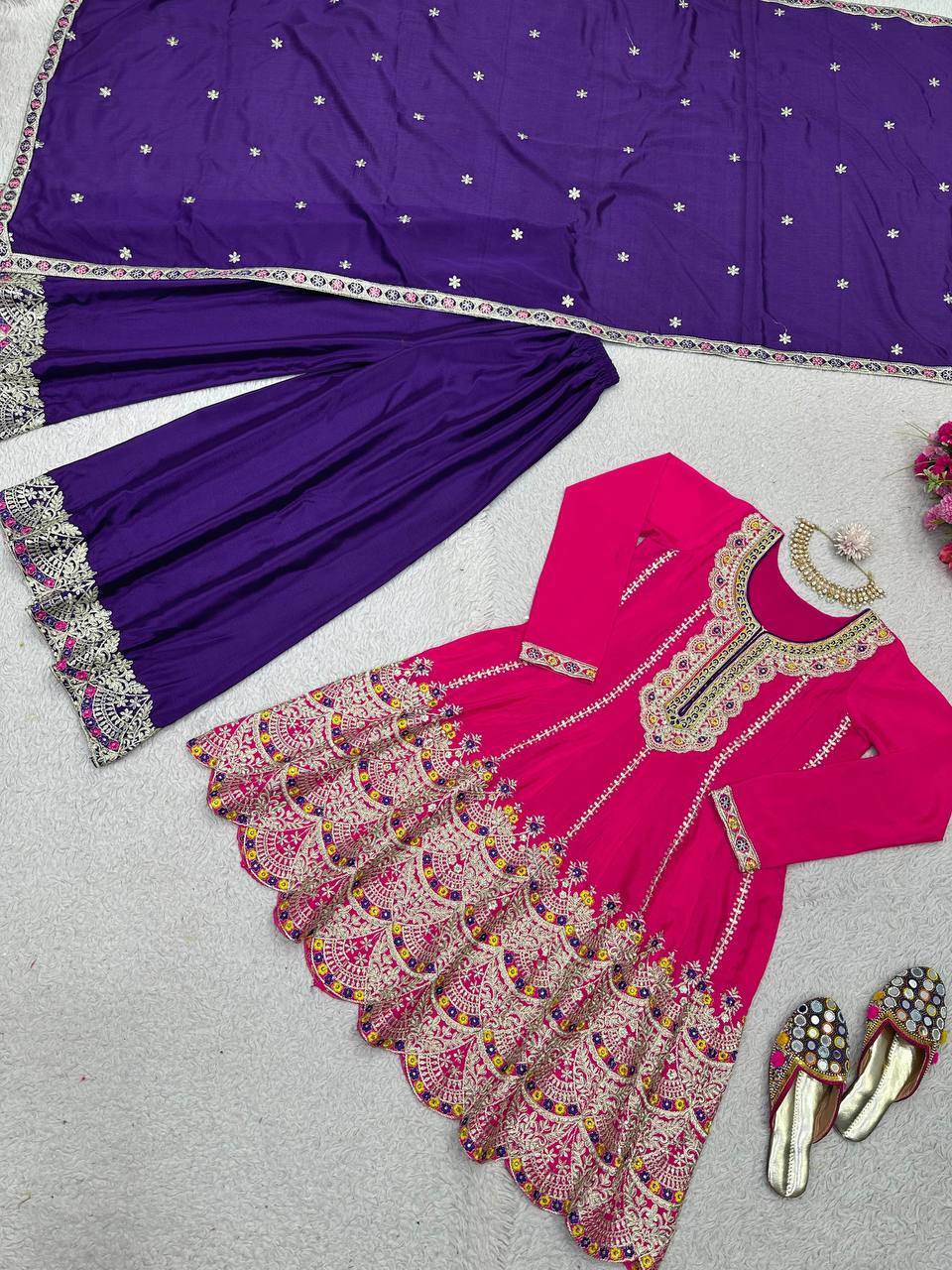 Beautiful Chinon Silk Embroidered Ready to Wear Sharara Suit