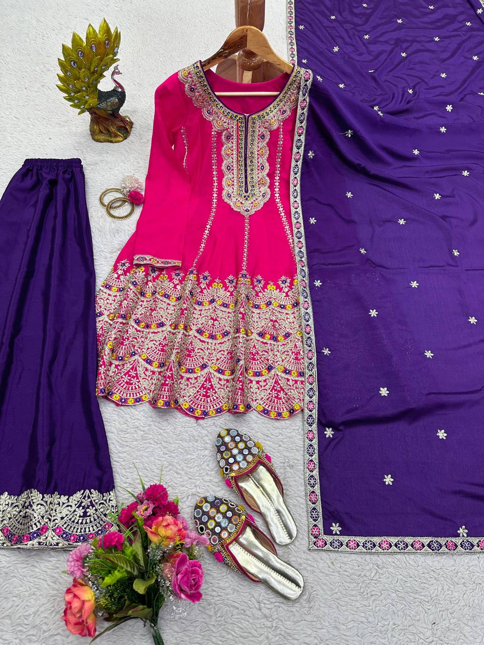 Beautiful Chinon Silk Embroidered Ready to Wear Sharara Suit