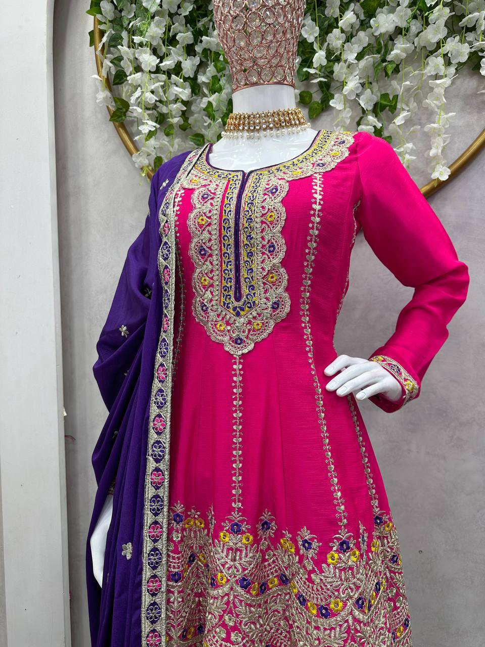 Beautiful Chinon Silk Embroidered Ready to Wear Sharara Suit