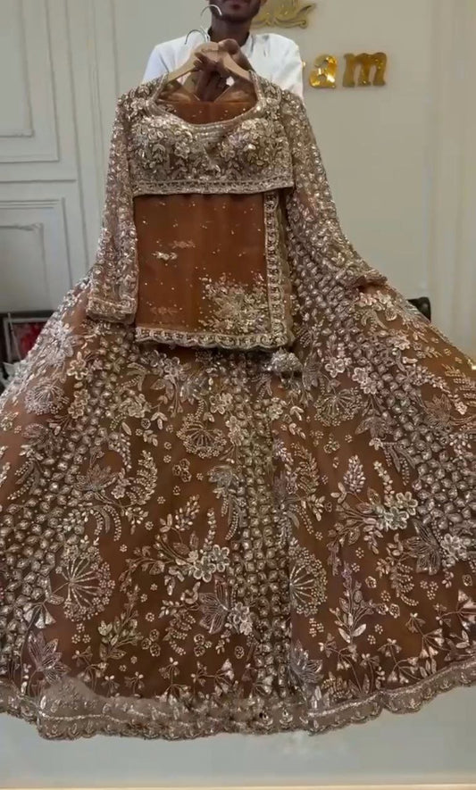 Coffee Color Shining Net Lehenga Choli