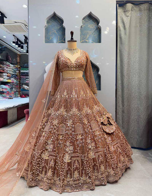 Chocalate Color Soft Net Heavy Sequence Jari Work Lehenga Choli