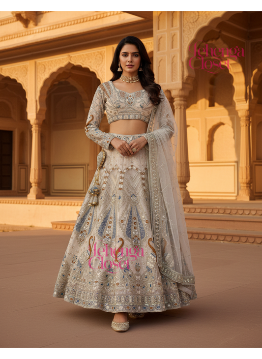 Cream Color Soft Net Coding & Sequins Work Semi Stiched Lehenga Choli