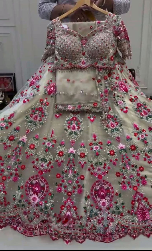 Cream Georgette Beautiful Thread Embroidered Lehenga Choli
