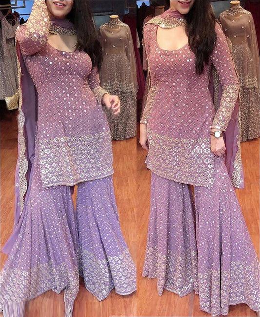 Arresting Lavender Color Wedding Wear Georgette Designer Sequence Embroidered Work Sharara