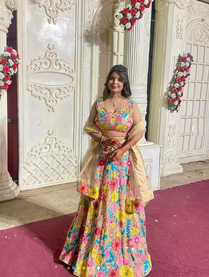 Colorful Floral Thread Embroidered Work Georgette Semi Stiched Lehenga Choli